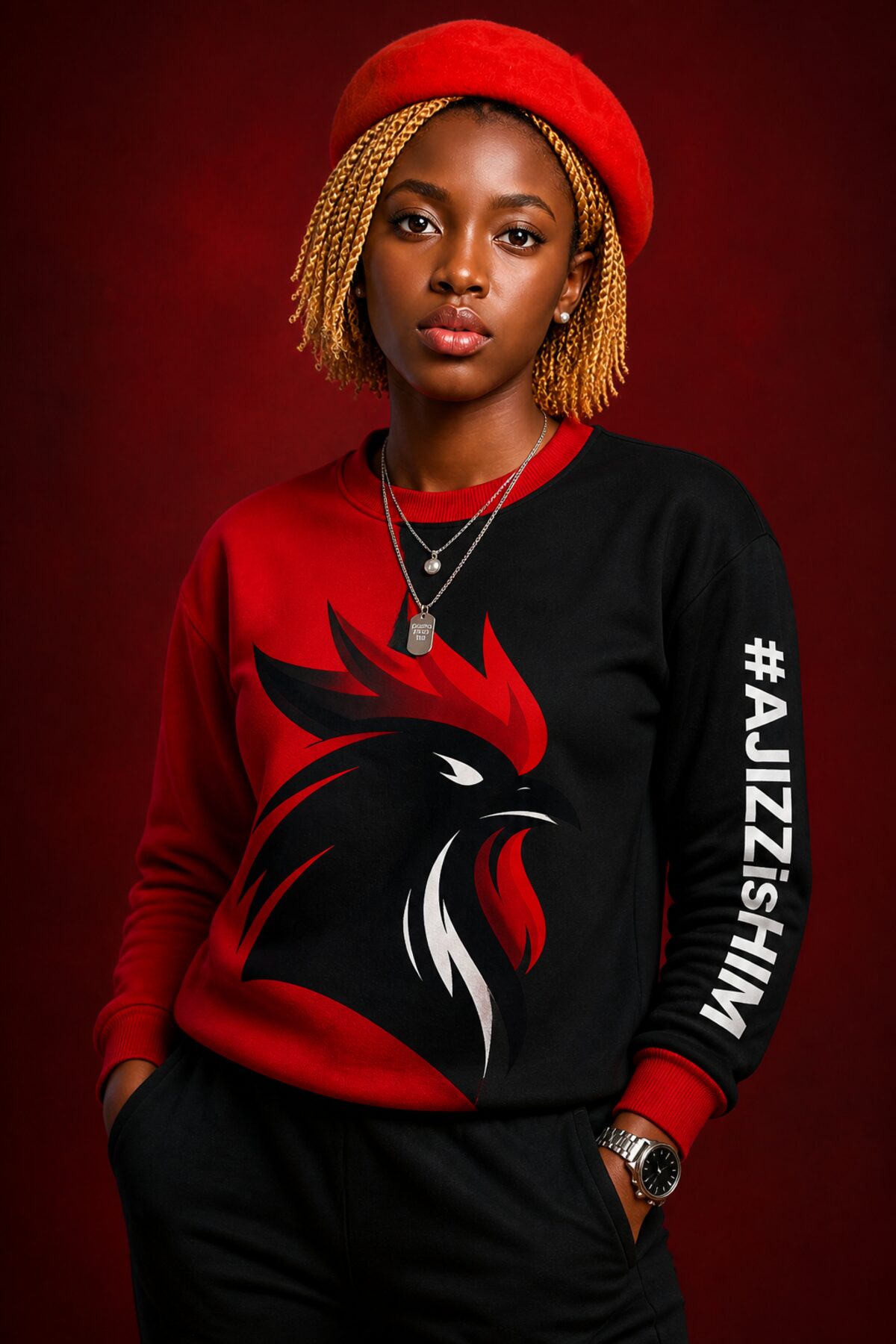 Rooster Crewneck — Black/Red